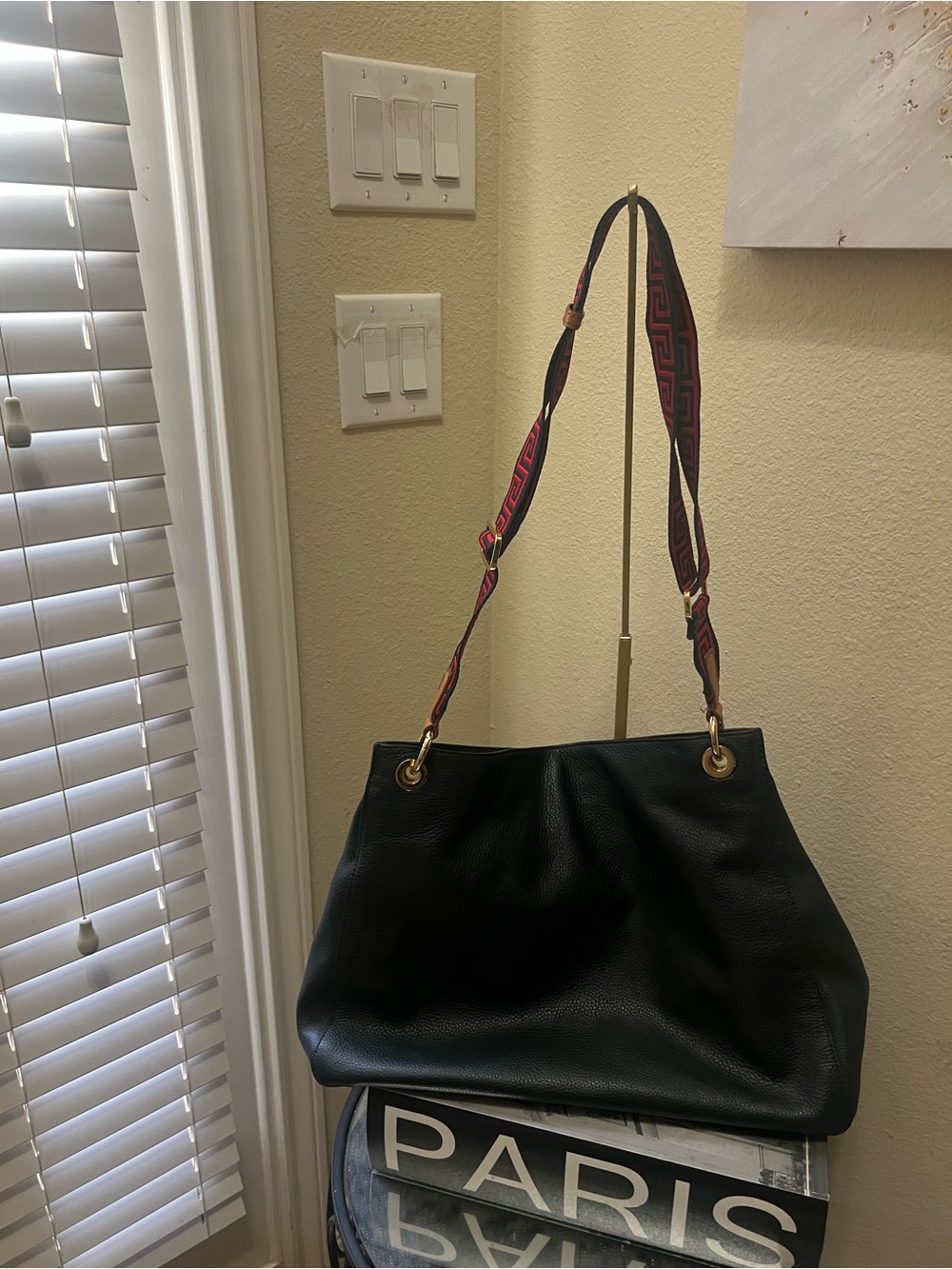 Mark & Graham Black/Navy Leather Shoulder Bag with Patterned Strap